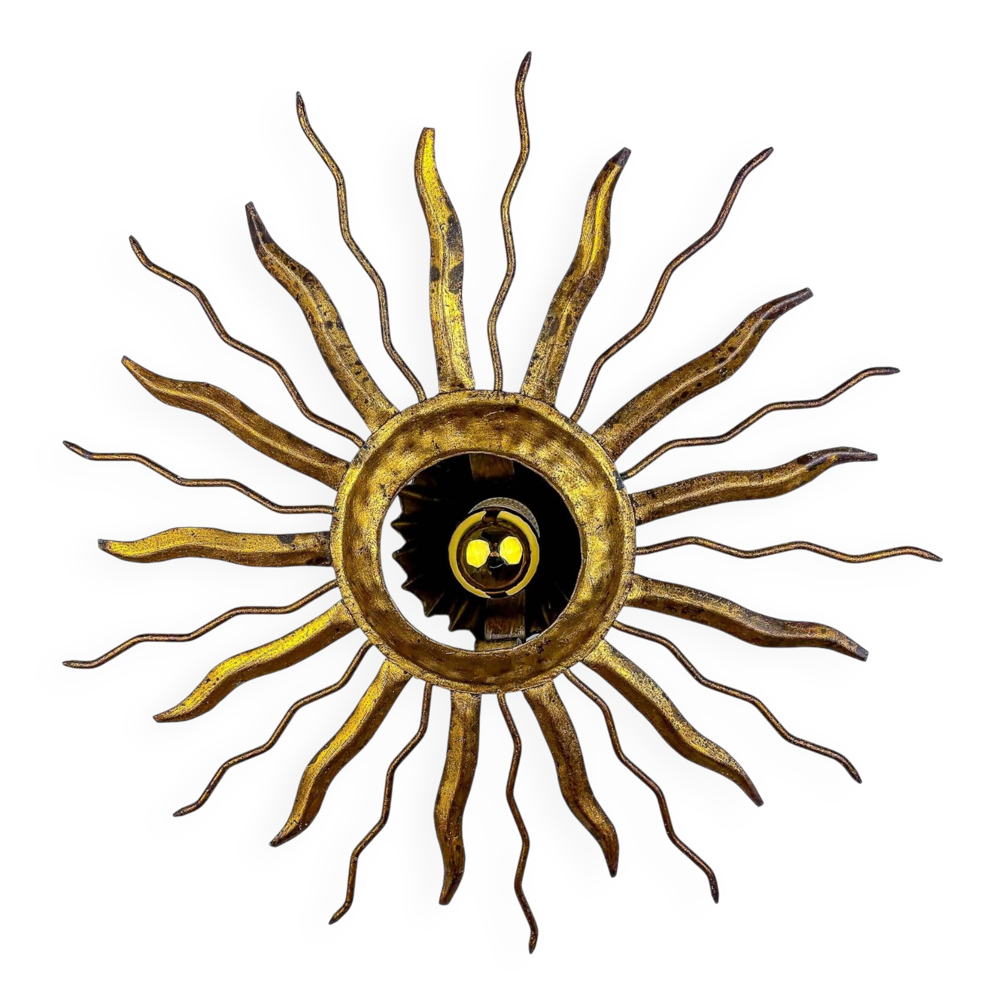 Brutalist sunburst ceiling light – gilt iron rays & exposed bulb, France, 1960s