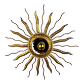 Brutalist sunburst ceiling light – gilt iron rays & exposed bulb, France, 1960s