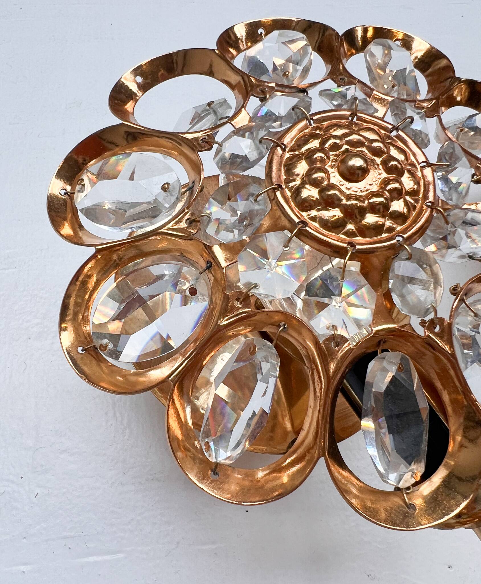 Brass and crystal art deco wall lamp attributed to palwa, 1960s