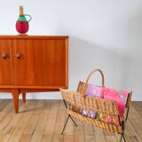 Modernist rattan and metal magazine rack 1970
