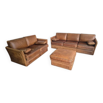 Roche Bobois vintage lounge from the 80s – cognac buffalo leather – 2 sofas + pouf