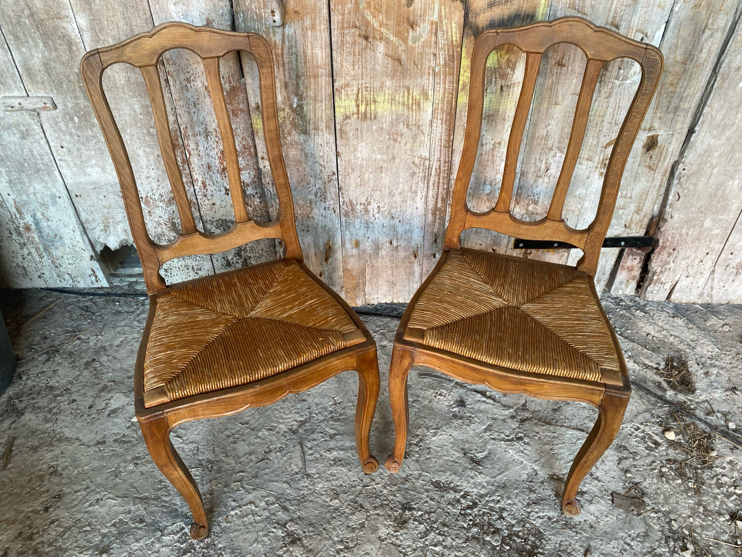 Pair of Antique Art Nouveau Chairs with Wooden Frame + Woven Straw Seat Vintage
