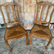 Pair of Antique Art Nouveau Chairs with Wooden Frame + Woven Straw Seat Vintage