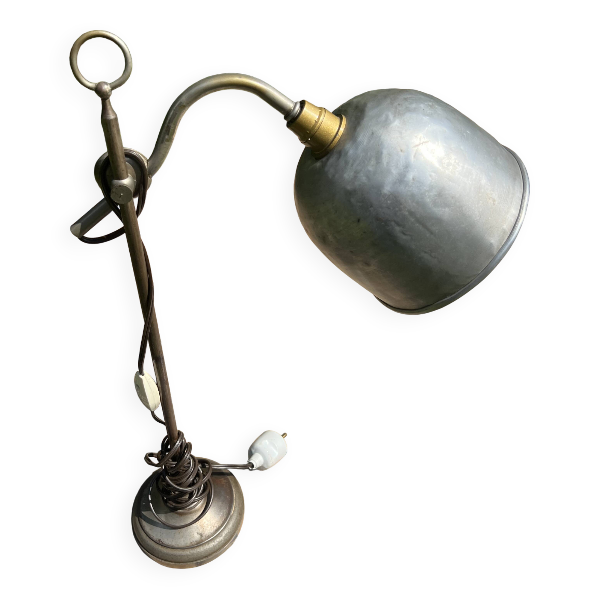 Vintage industrial articulated desk lamp in patinated metal