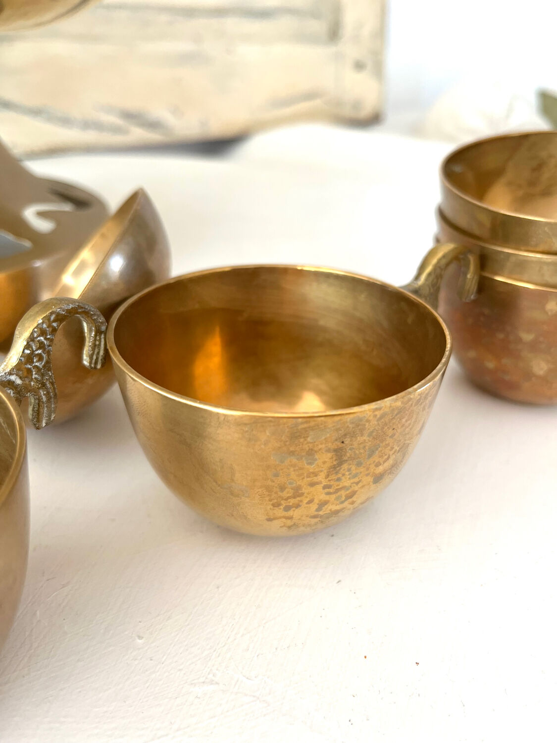 Brass Punch Bowl Set with 12 Cups, Ladle – French Vintage Mid-Century