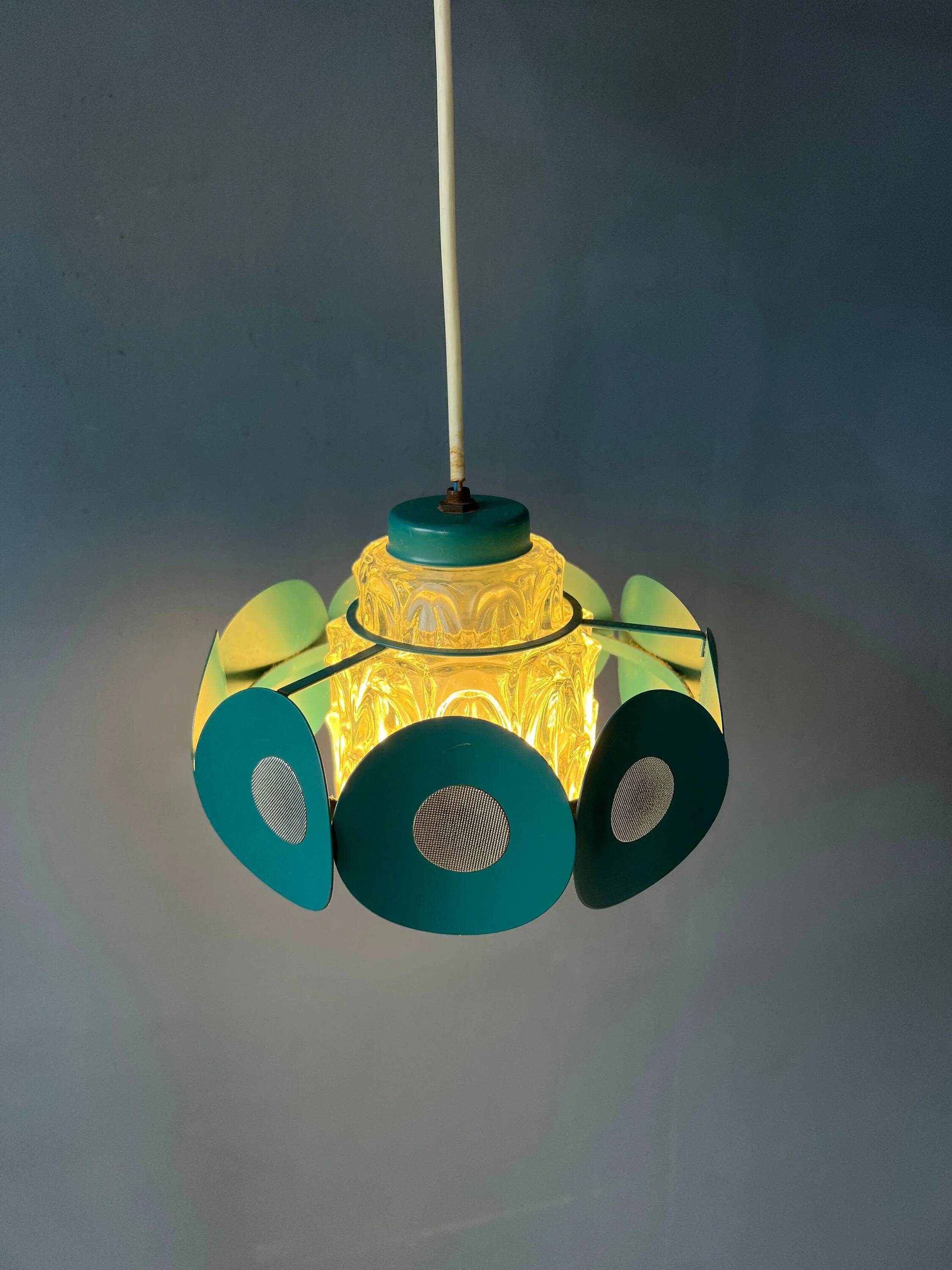 Suspension Space Age with glass shade and green/blue metal structure.