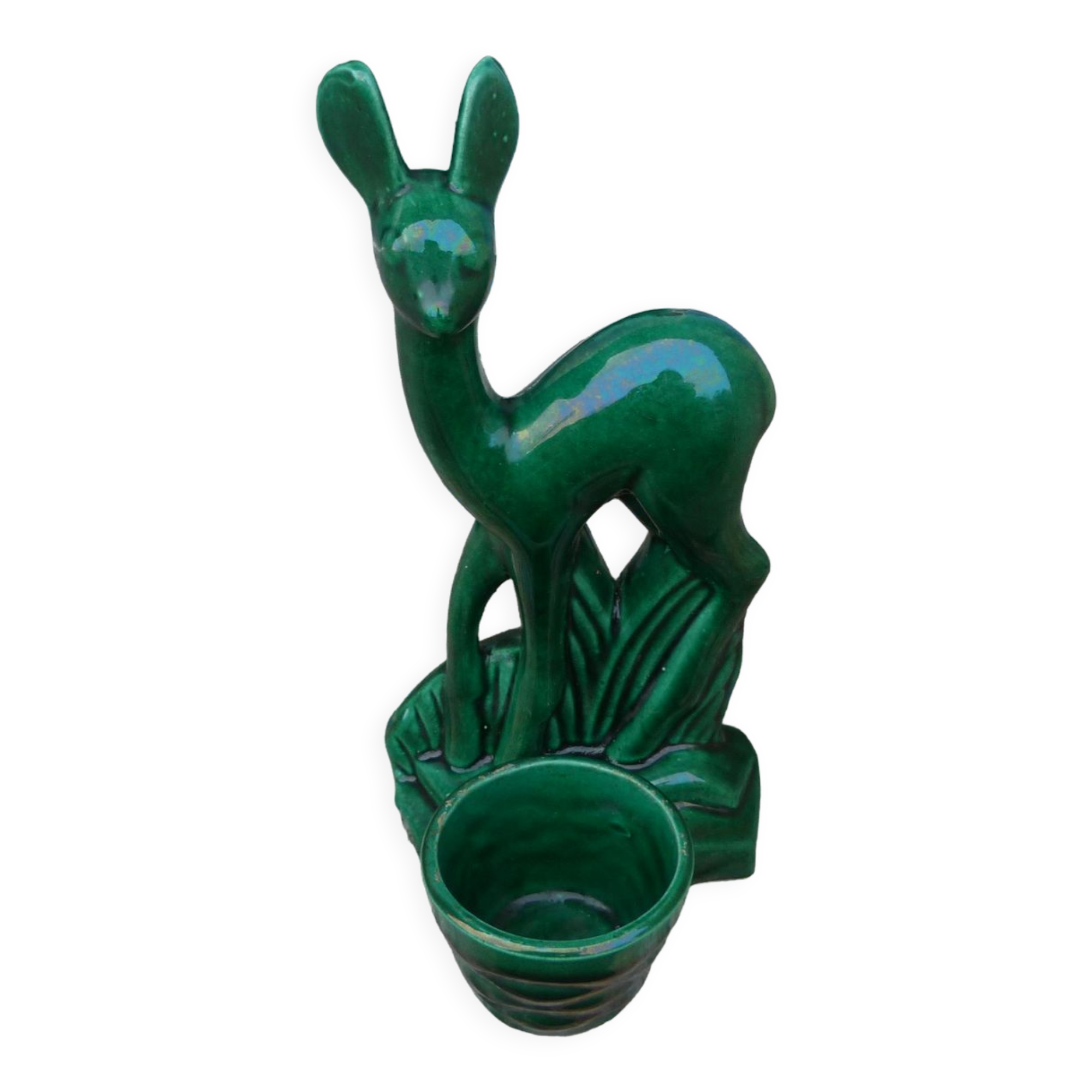 Vintage statue 50/60 Biche Lemanceau St Clément dark green ceramic