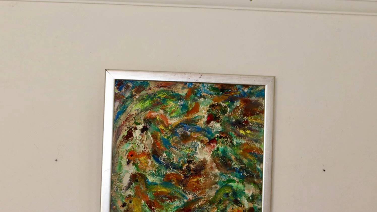 Original Swedish mid-century oil on panel painting "Composition- Birds"