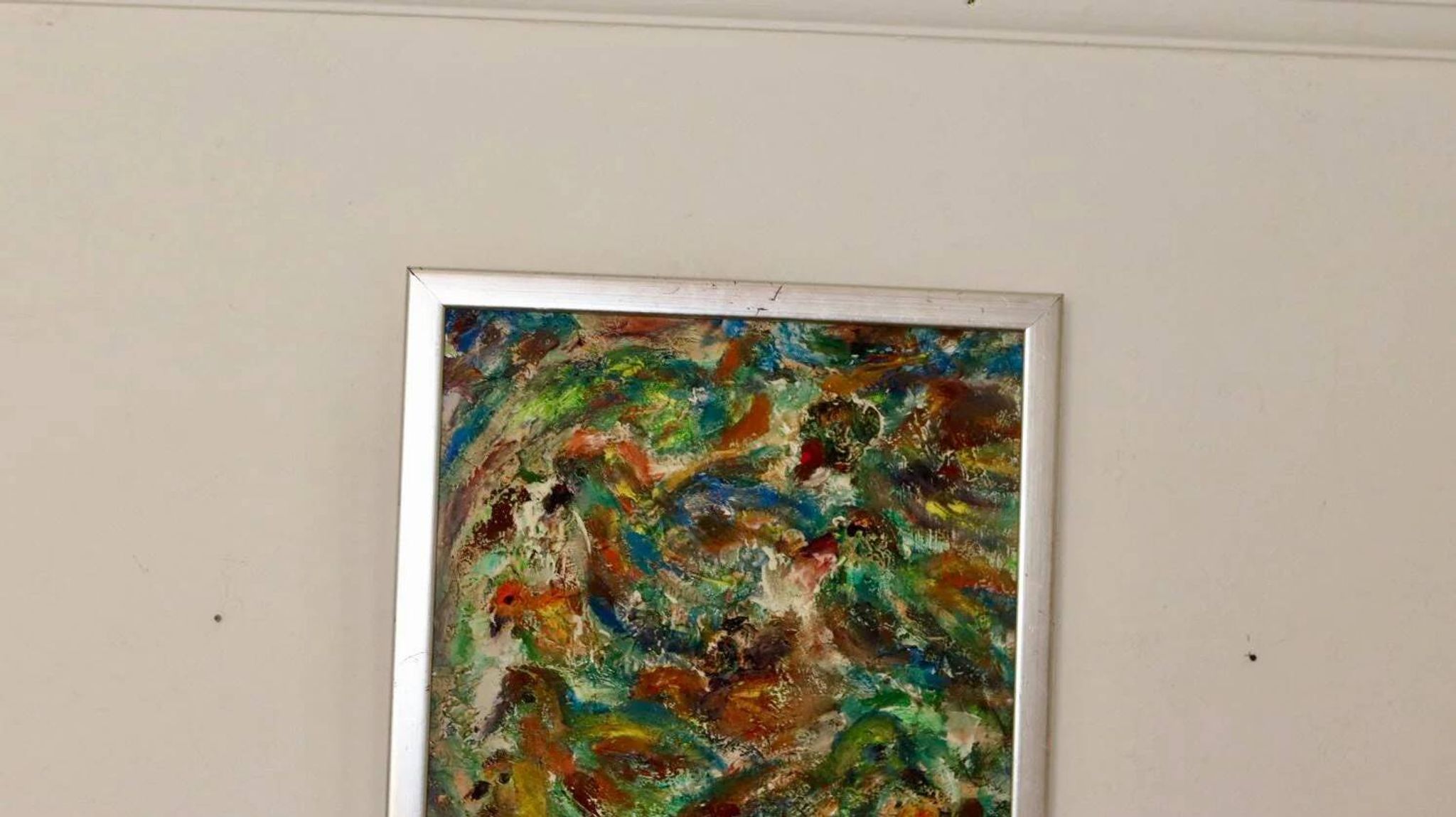 Peinture à l'huile sur panneau originale suédoise du milieu du siècle « Composition - Oiseaux »
