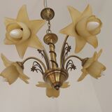 Vintage 5-light chandelier in metal with a bronze effect and flower-shaped lampshades, France.
