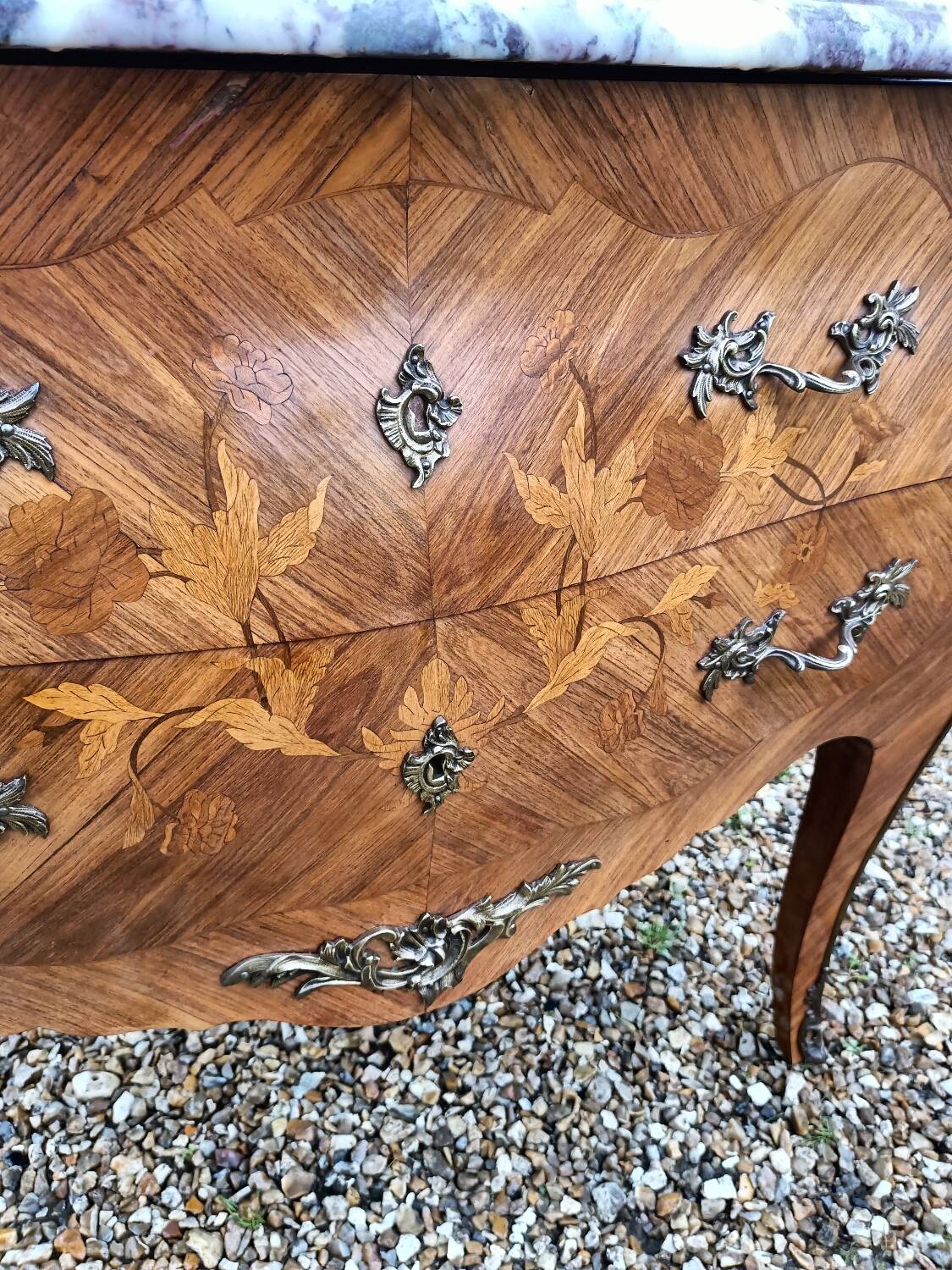 Old marquetry chest of drawers, Louis XV style marble top