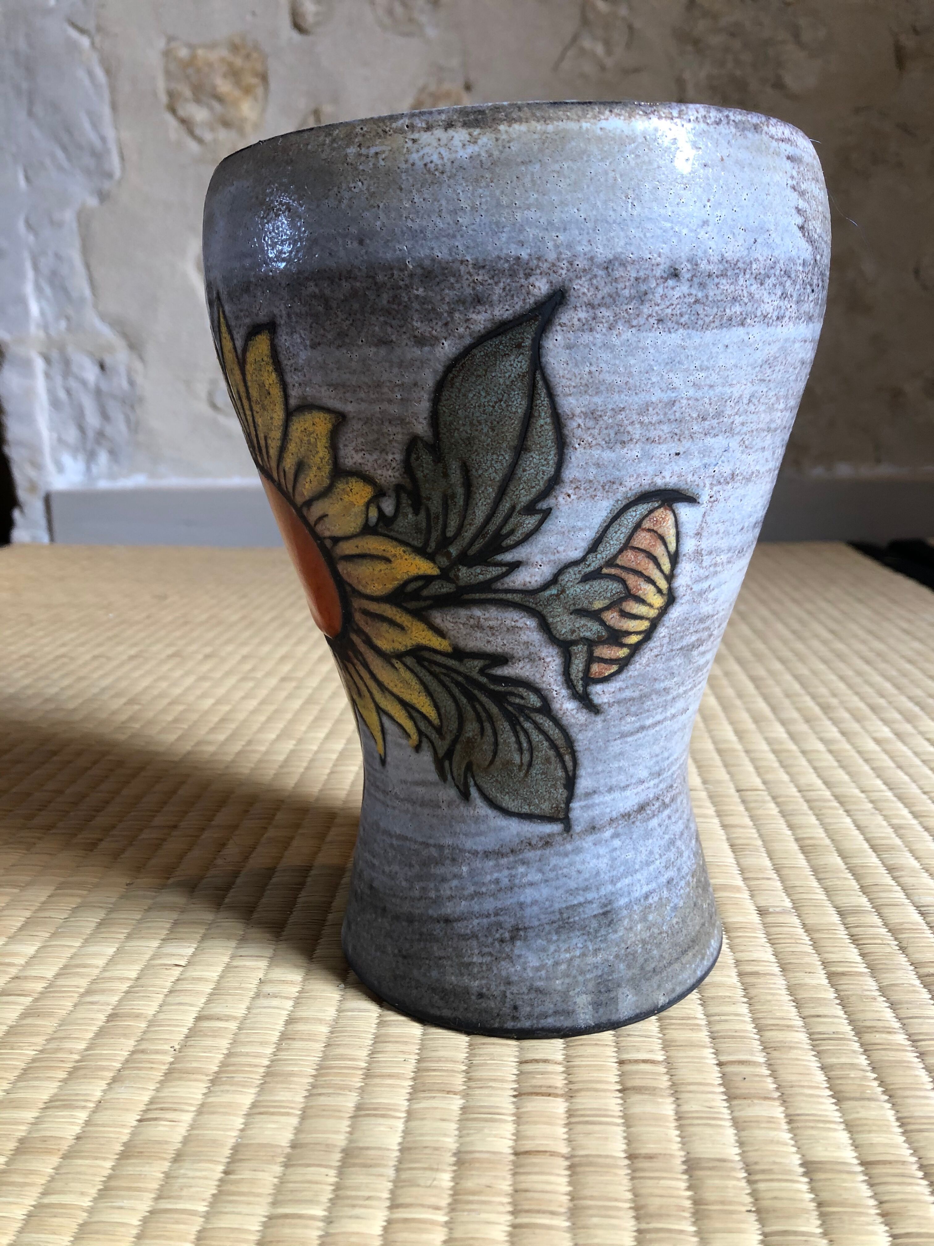 Sunflower vase signed Fonck and Matéo, Vallauris 60s