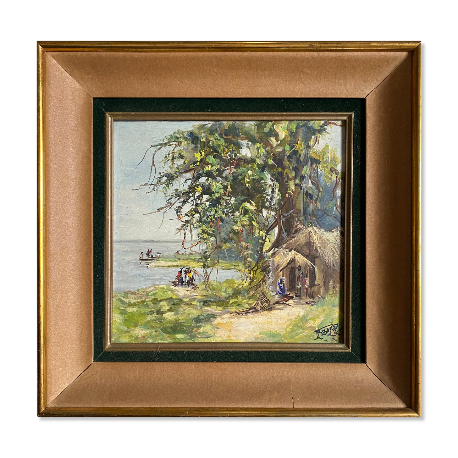 Table HSP 1957 "Fishing village" Congo signed Orientalist Africa