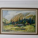 Oil painting on vintage panel "Mountain Cabin with Forest and Hills" - Vintage and framed