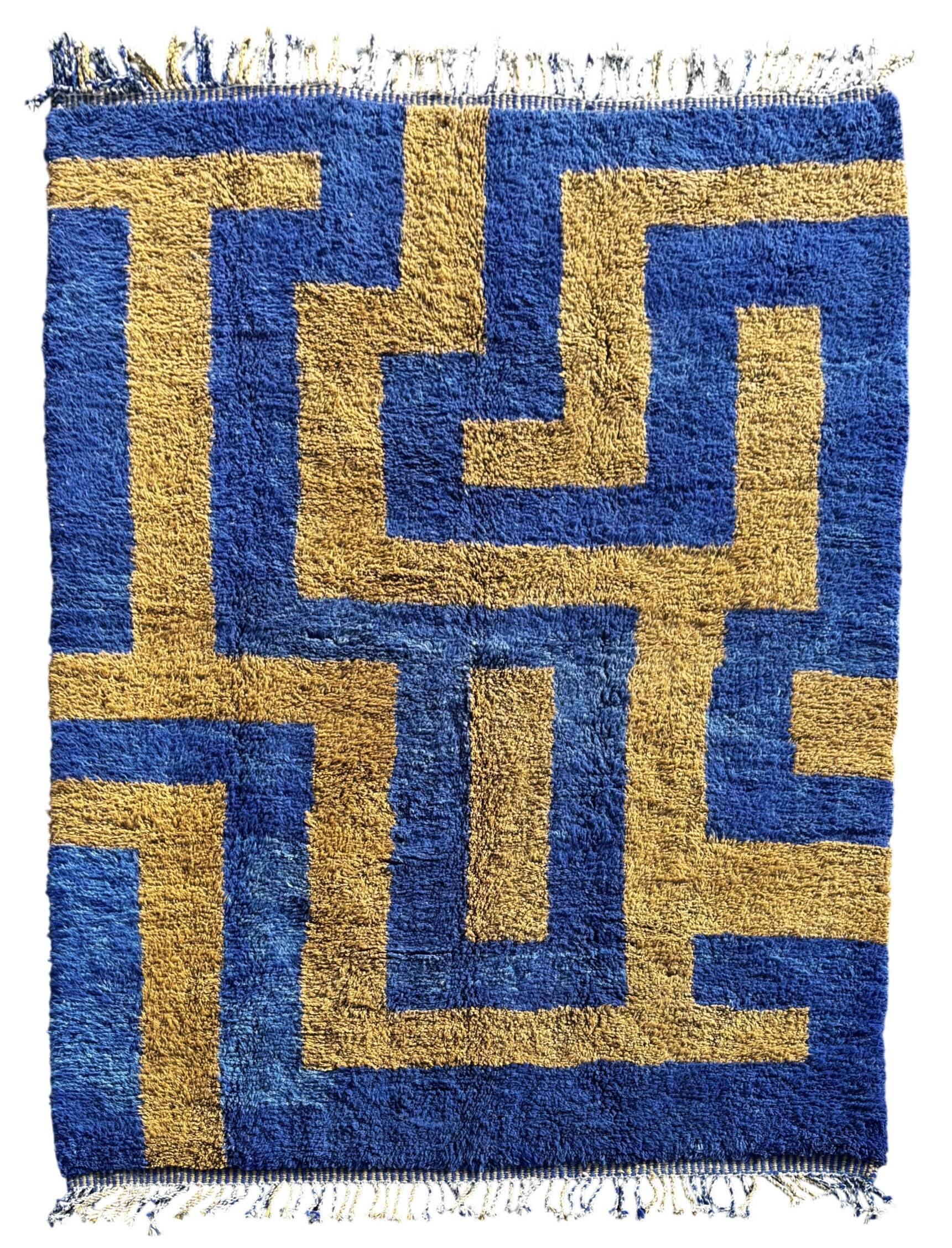 Aftas - Custom-made blue and green Moroccan Mrirt rug in wool.
