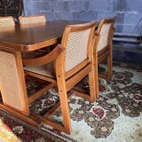 Scandinavian style table and 4 chairs set in teak, cane and oak - 70/80