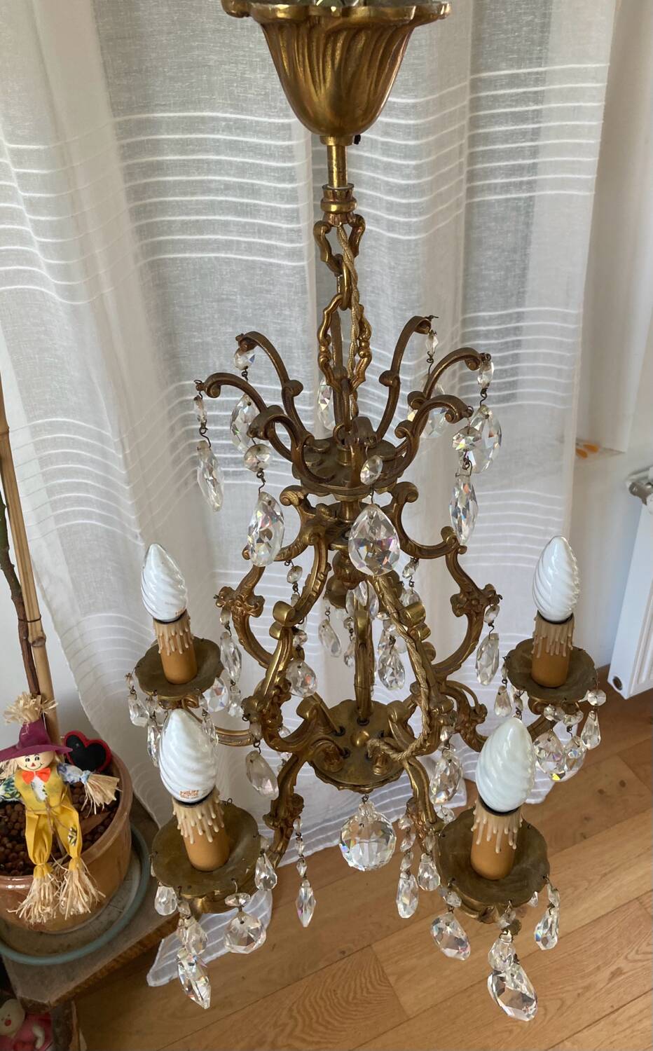 20th century gilded bronze cage chandelier with tassels