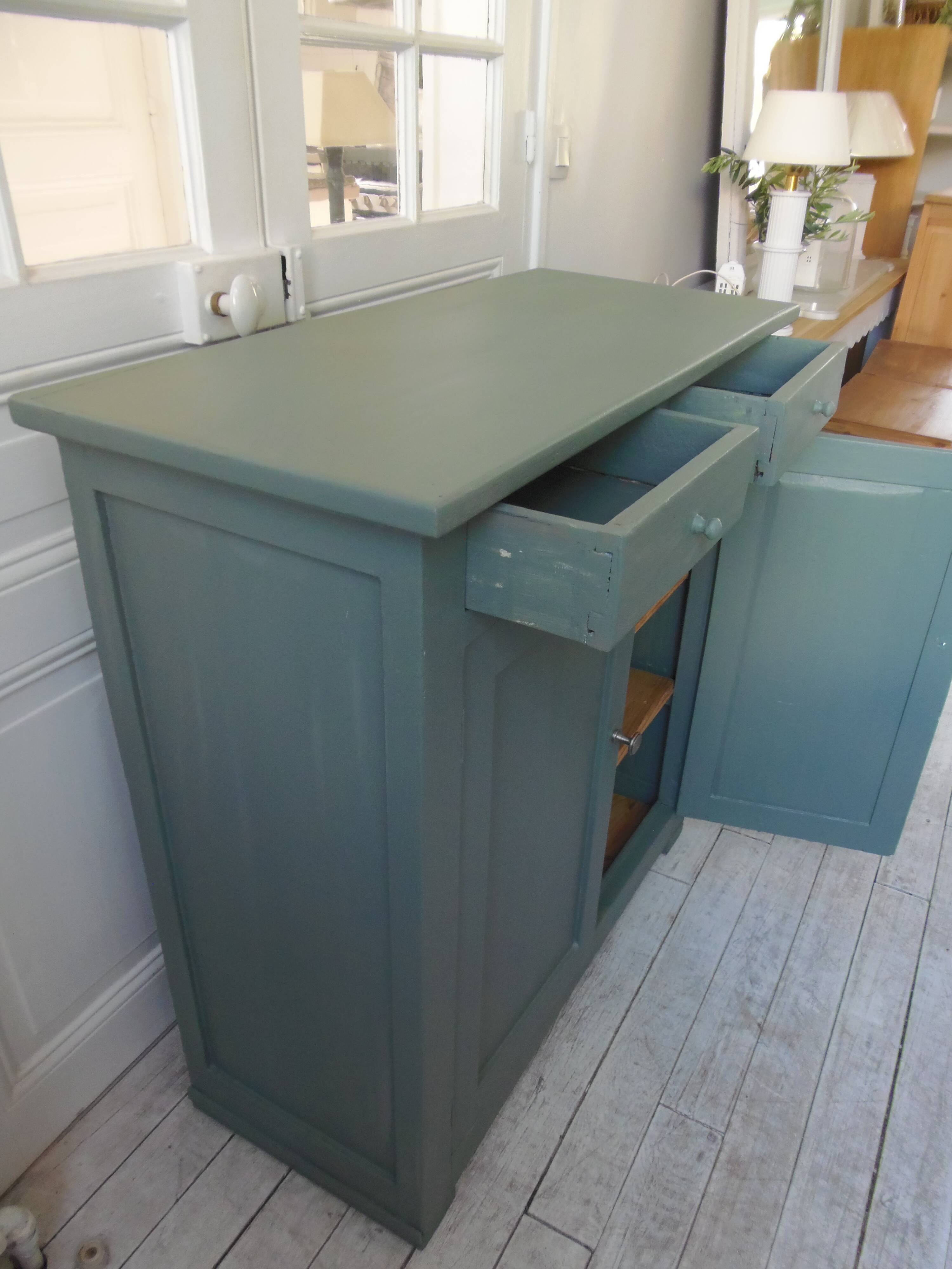 Vintage Parisian sideboard with 2 doors and 2 drawers, re-enchanted in smoky green.