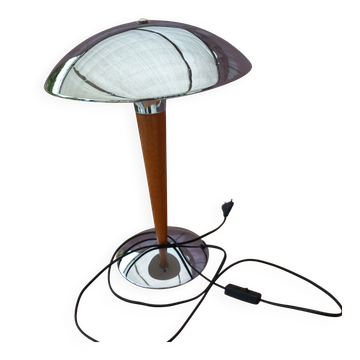 Mid-Century "Mushroom" Table Lamp, Chrome Metal & Teak – Style P