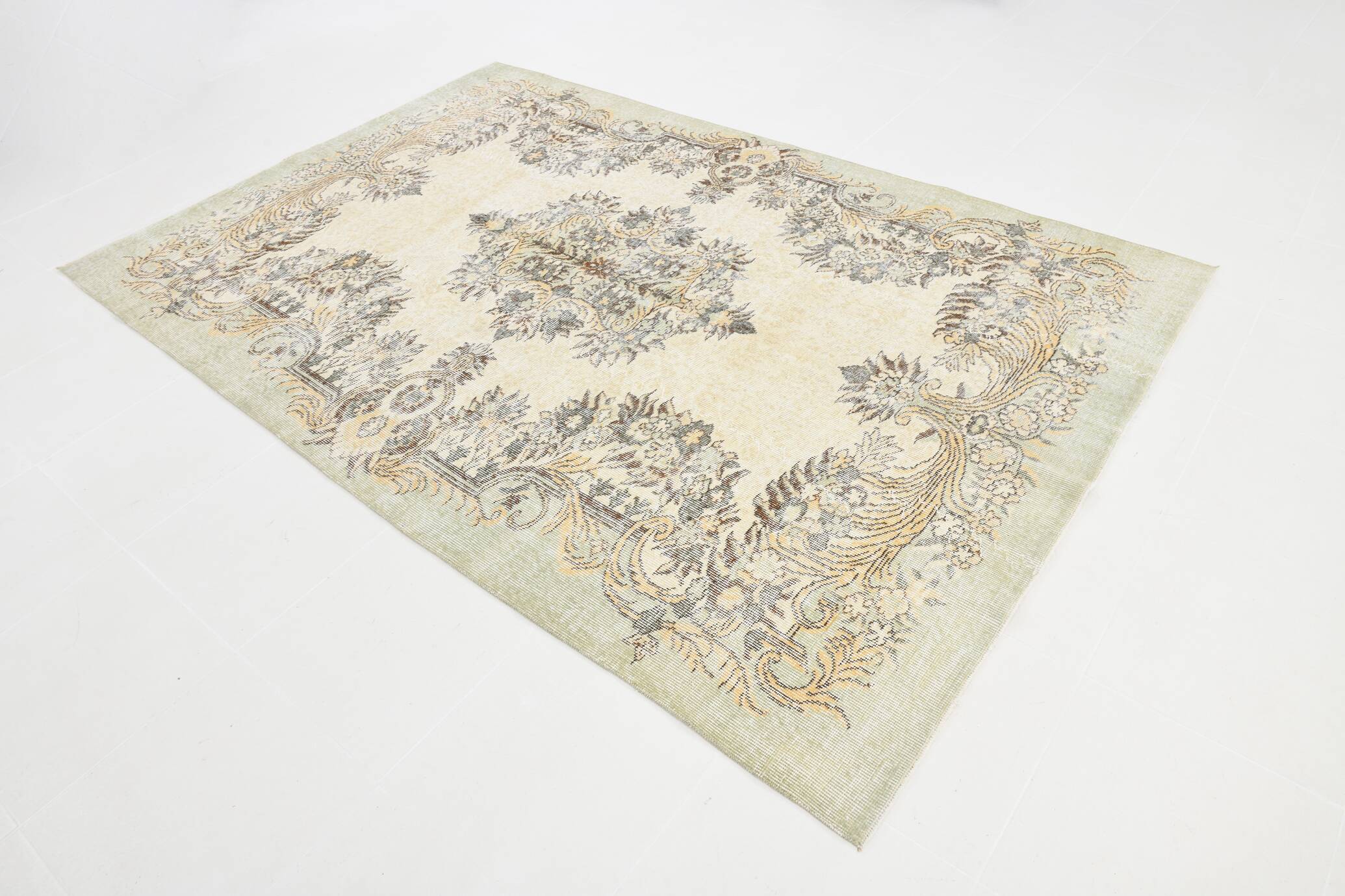 Light Green & Beige Handmade Wool Vintage Rug, 173x262 Cm
