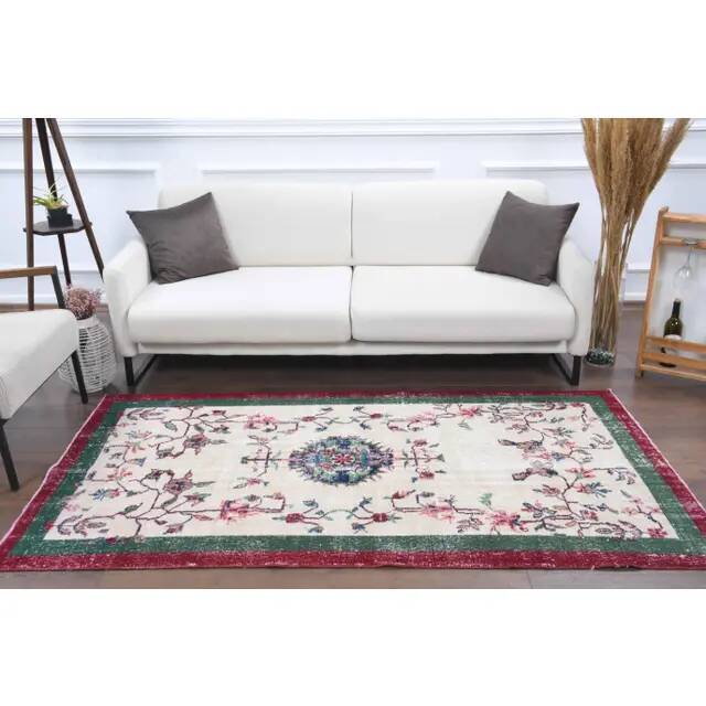 Vintage Turkish Oushak Handmade Wool Cotton Beige Area Rug 117x217