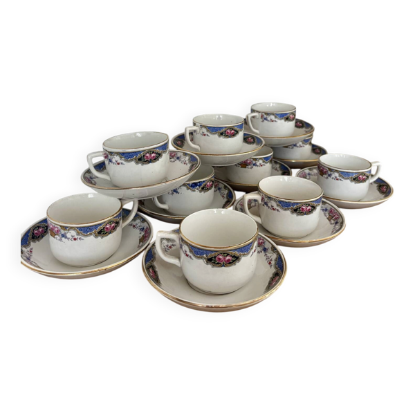 Ensemble de 10 tasses et soucoupes anciennes Digoin Sarreguemines