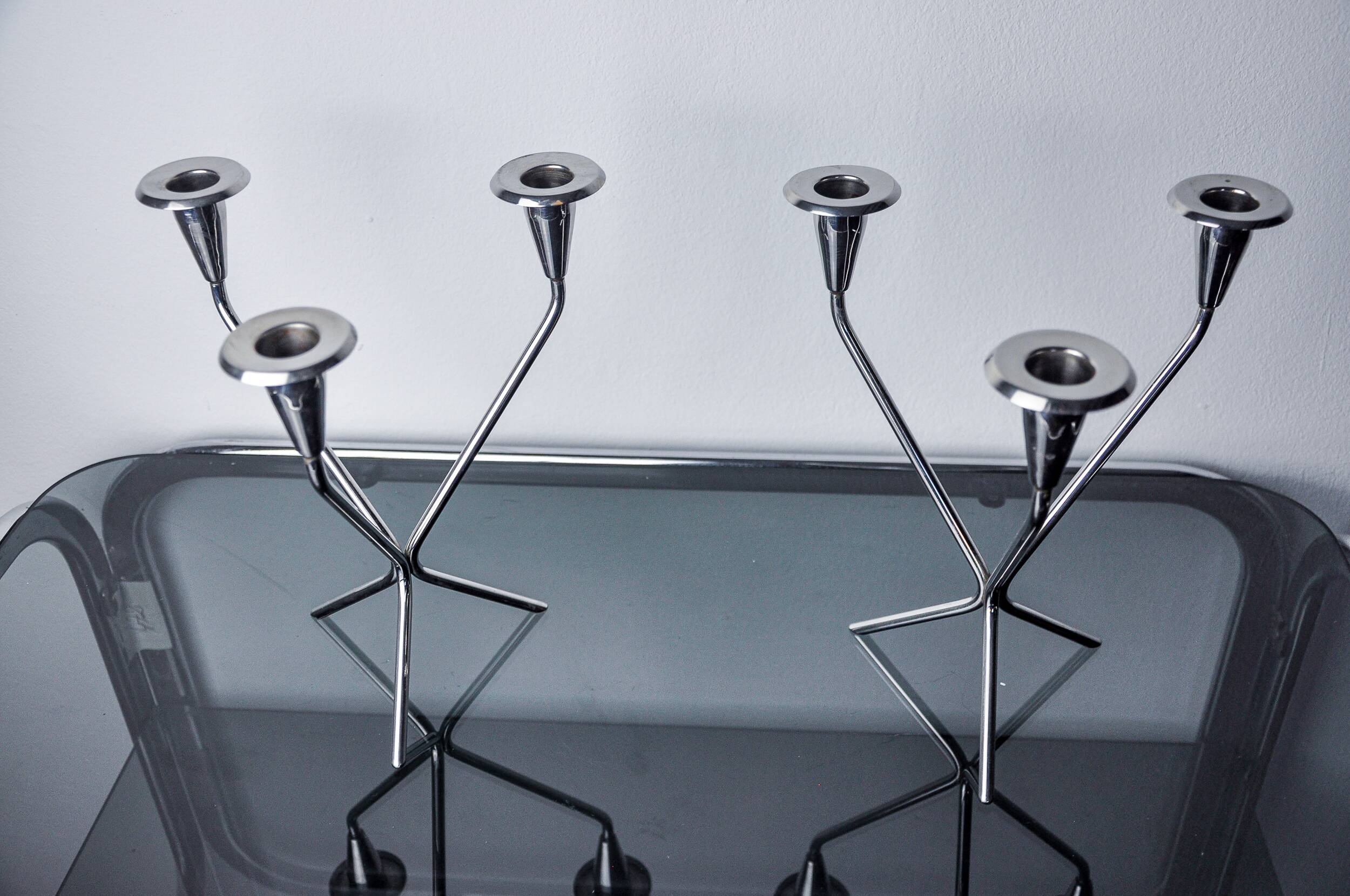 Pair of art deco stainless steel 3-flame candlesticks, Spain, 1970