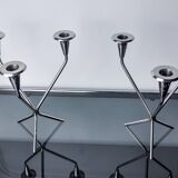 Pair of art deco stainless steel 3-flame candlesticks, Spain, 1970