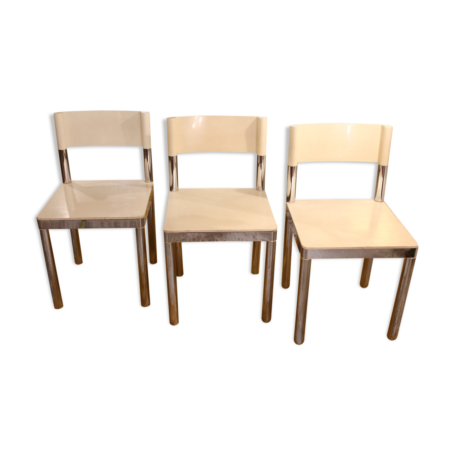 3 chairs 1970s white and stainless steel
