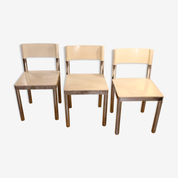 Set de 3 chaises années 70 blanches et inox