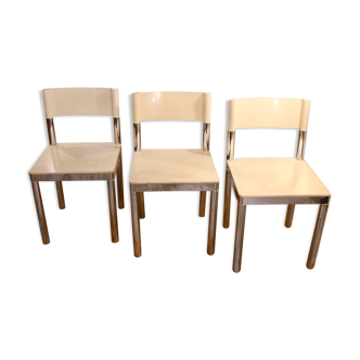 Set de 3 chaises années 70 blanches et inox