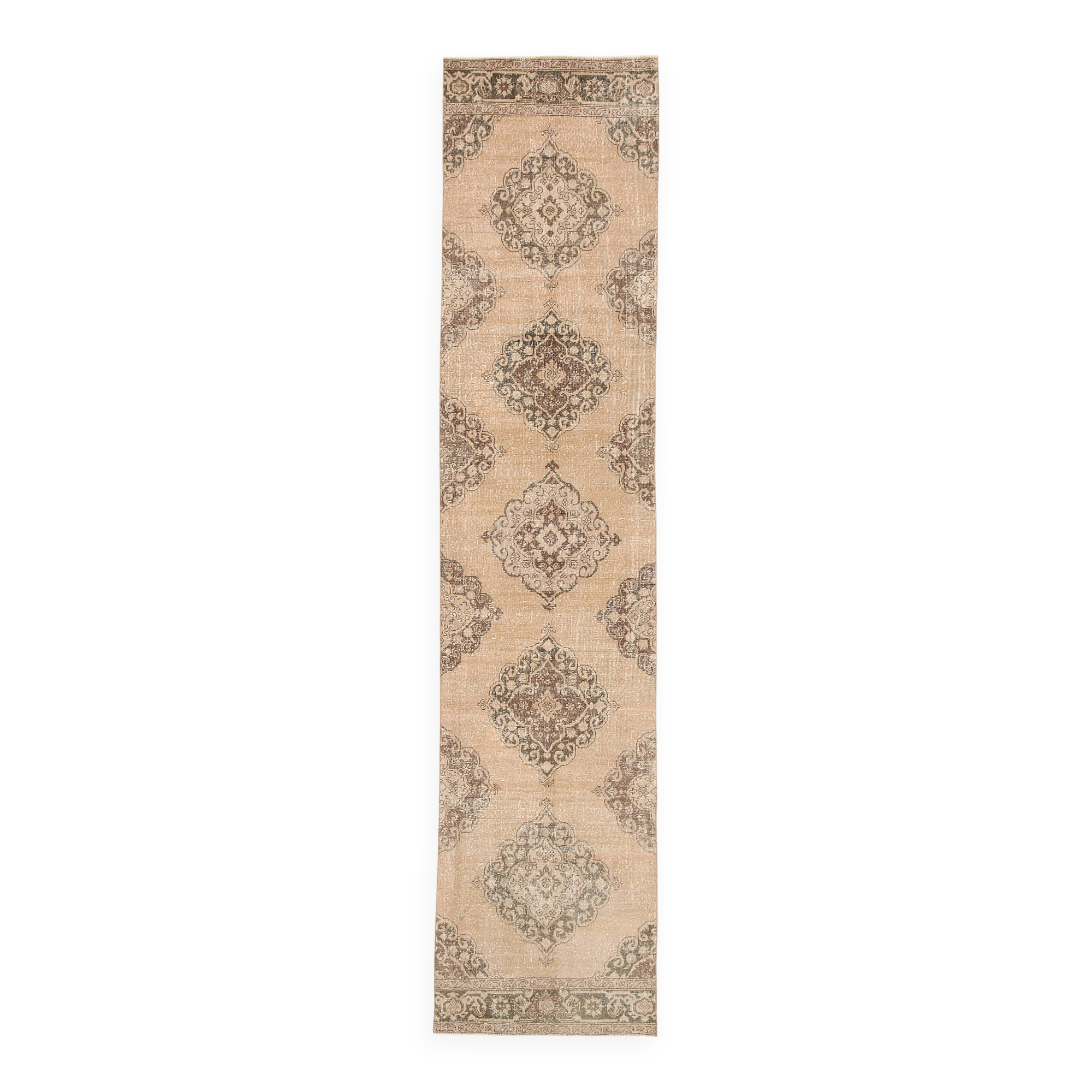 3x13 Beige & Brown Geometric Vintage Runner Rug, Long Runner Rug,