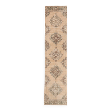 3x13 Beige & Brown Geometric Vintage Runner Rug, Long Runner Rug,