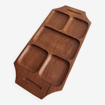 Large teak tray with vintage compartments