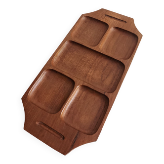 Large teak tray with vintage compartments