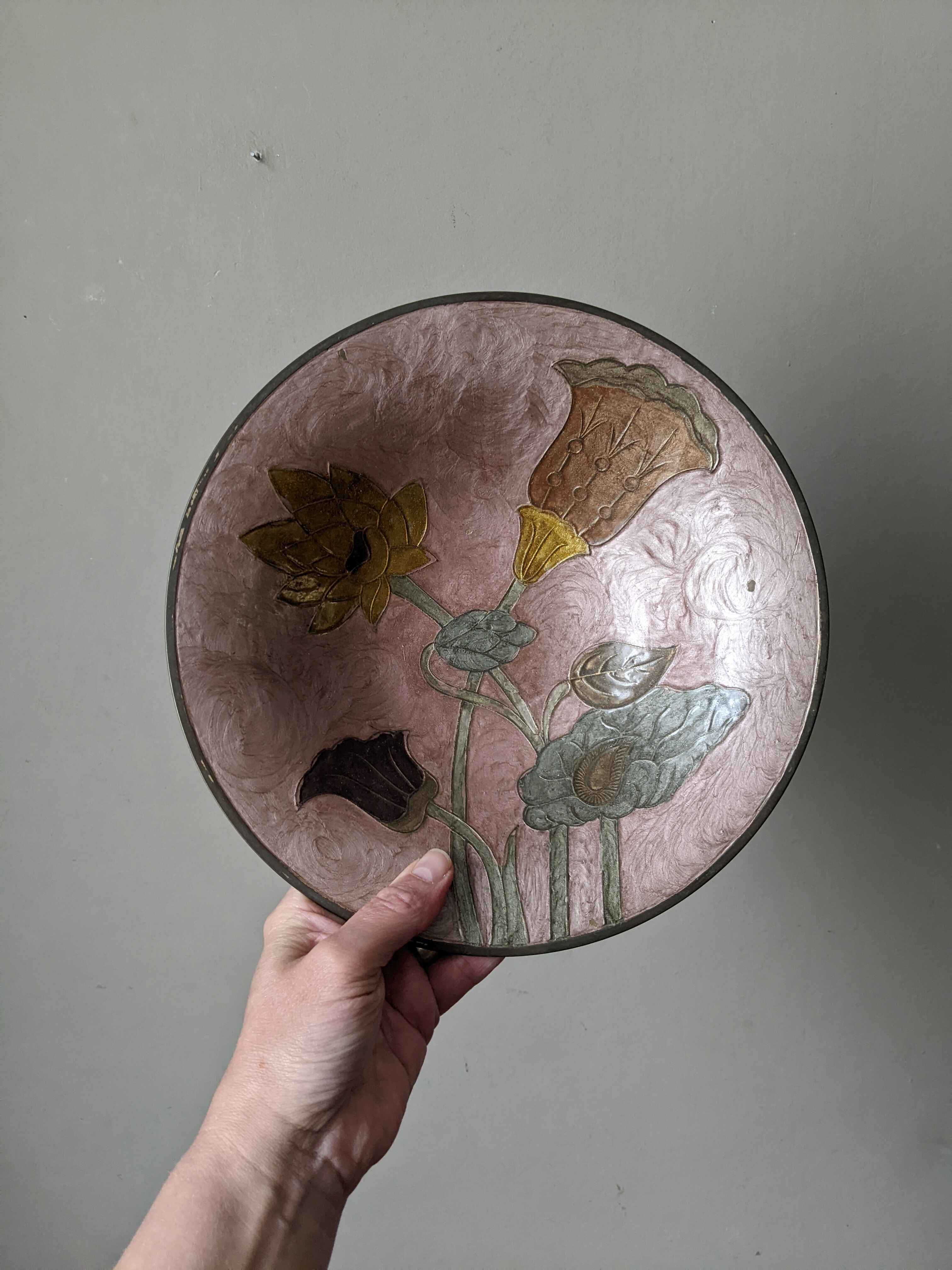 Brass bowl with hand-painted floral decoration, bohemian style.