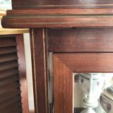 Glass-enclosed old tea table with wooden tray, bronze and brass