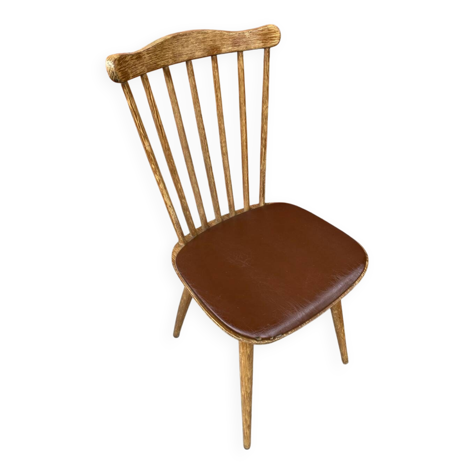 Antique baumann western chair wood + vintage brown leatherette seat