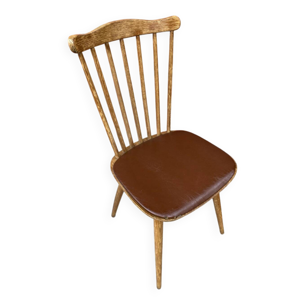 Chaise ancienne baumann western bois + assise skaï marron vintage — Beyit