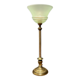 Ornate brass table lamp with mint green glass shade
