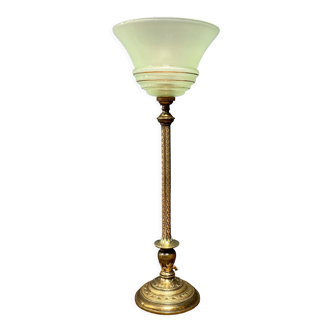 Ornate brass table lamp with mint green glass shade