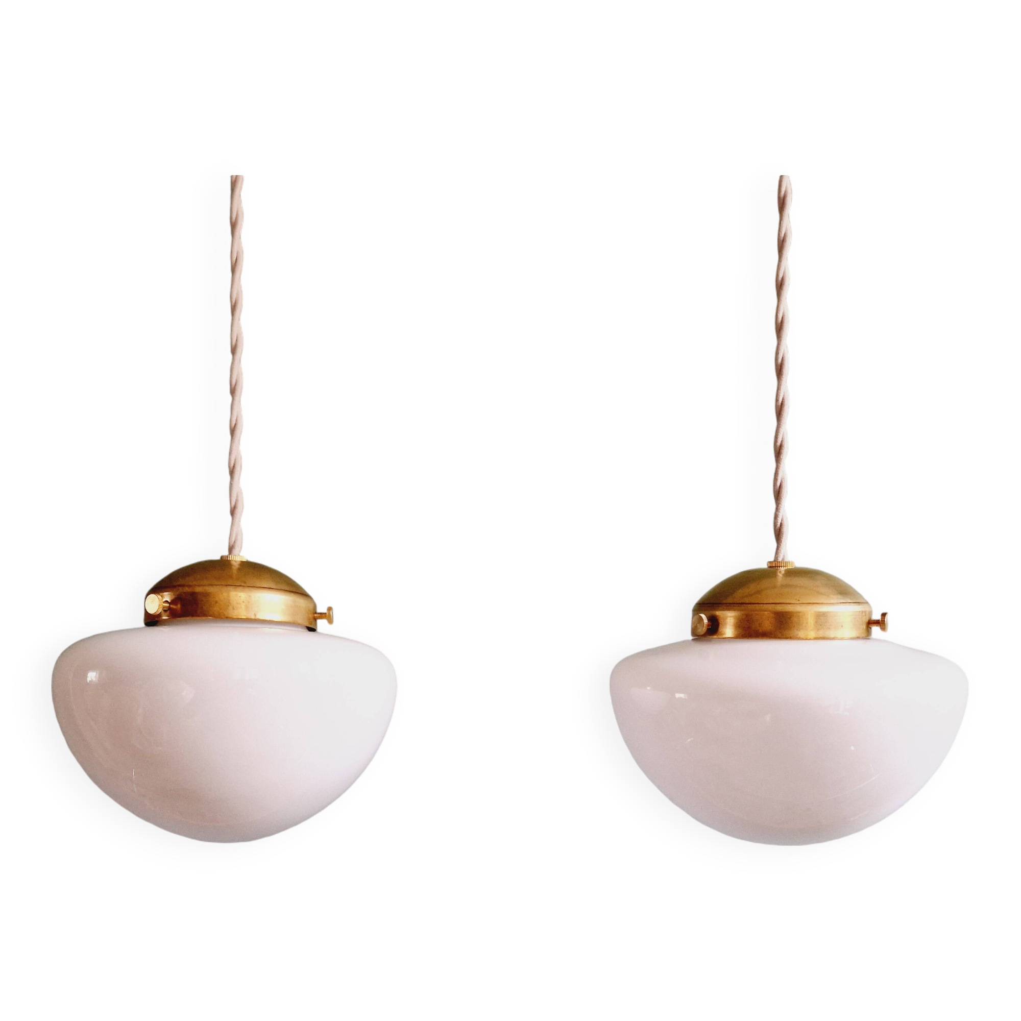 Duo of Art Deco suspensions in white opaline, 1920s-30s