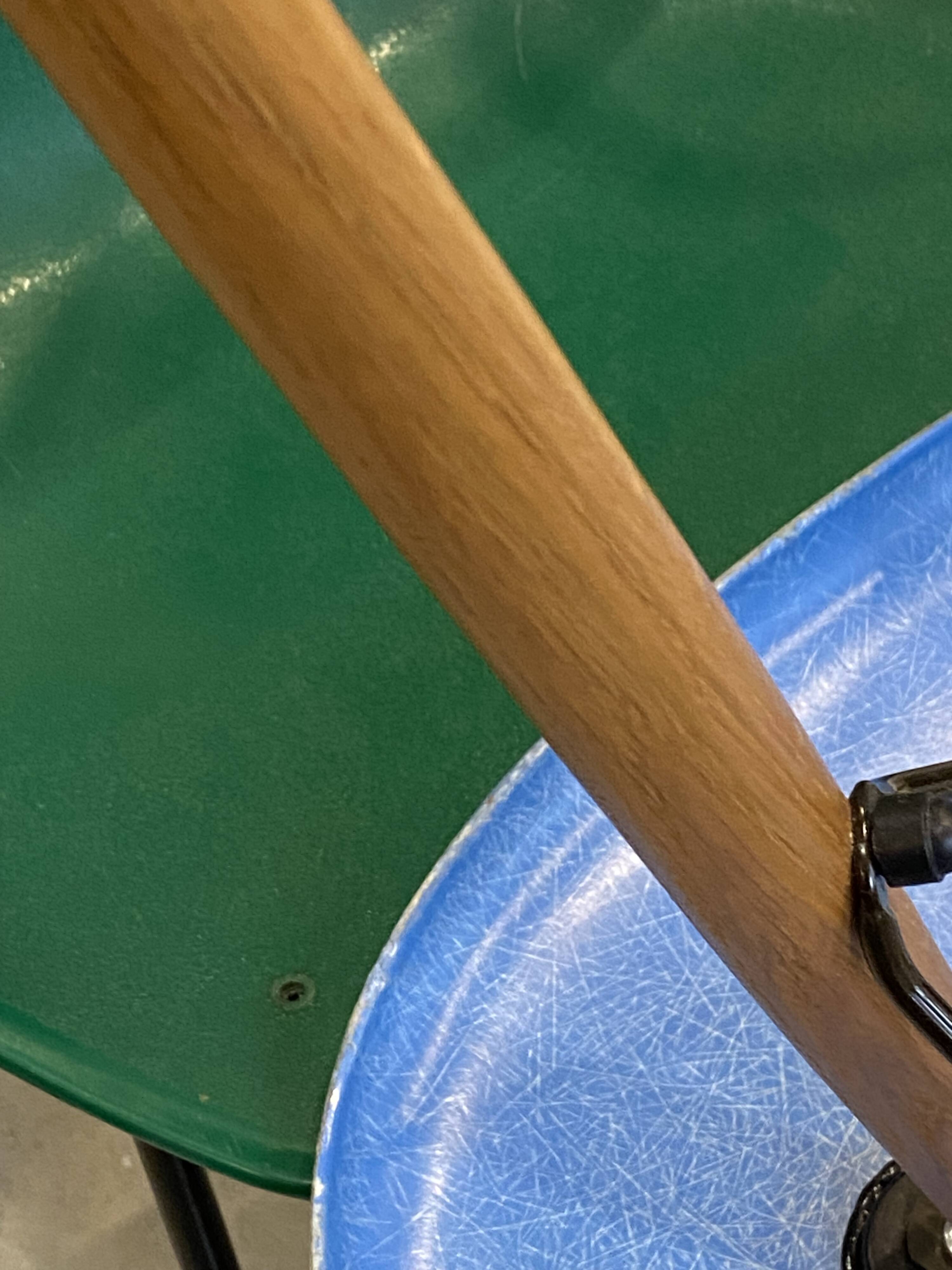 DSW chair turquoise fibre with oak dowel, light oak, Eames, Herman Miller.