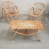 Ensemble fauteuils et table en bambou et rotin année 70
