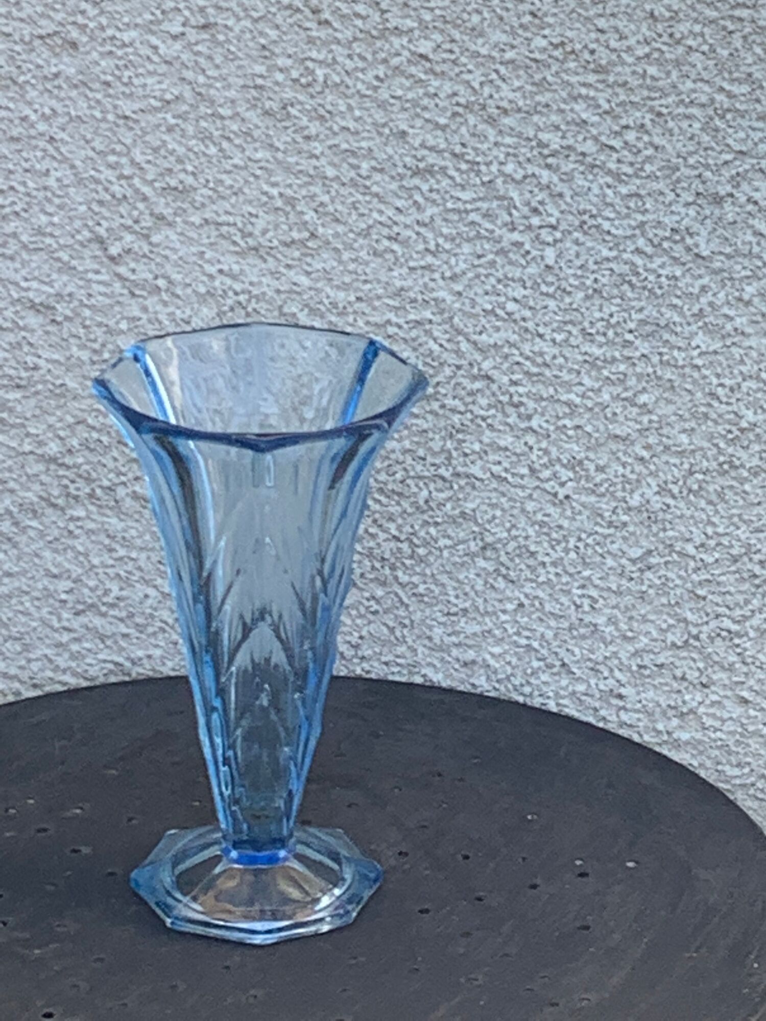 Blue molded glass vase in art deco relief