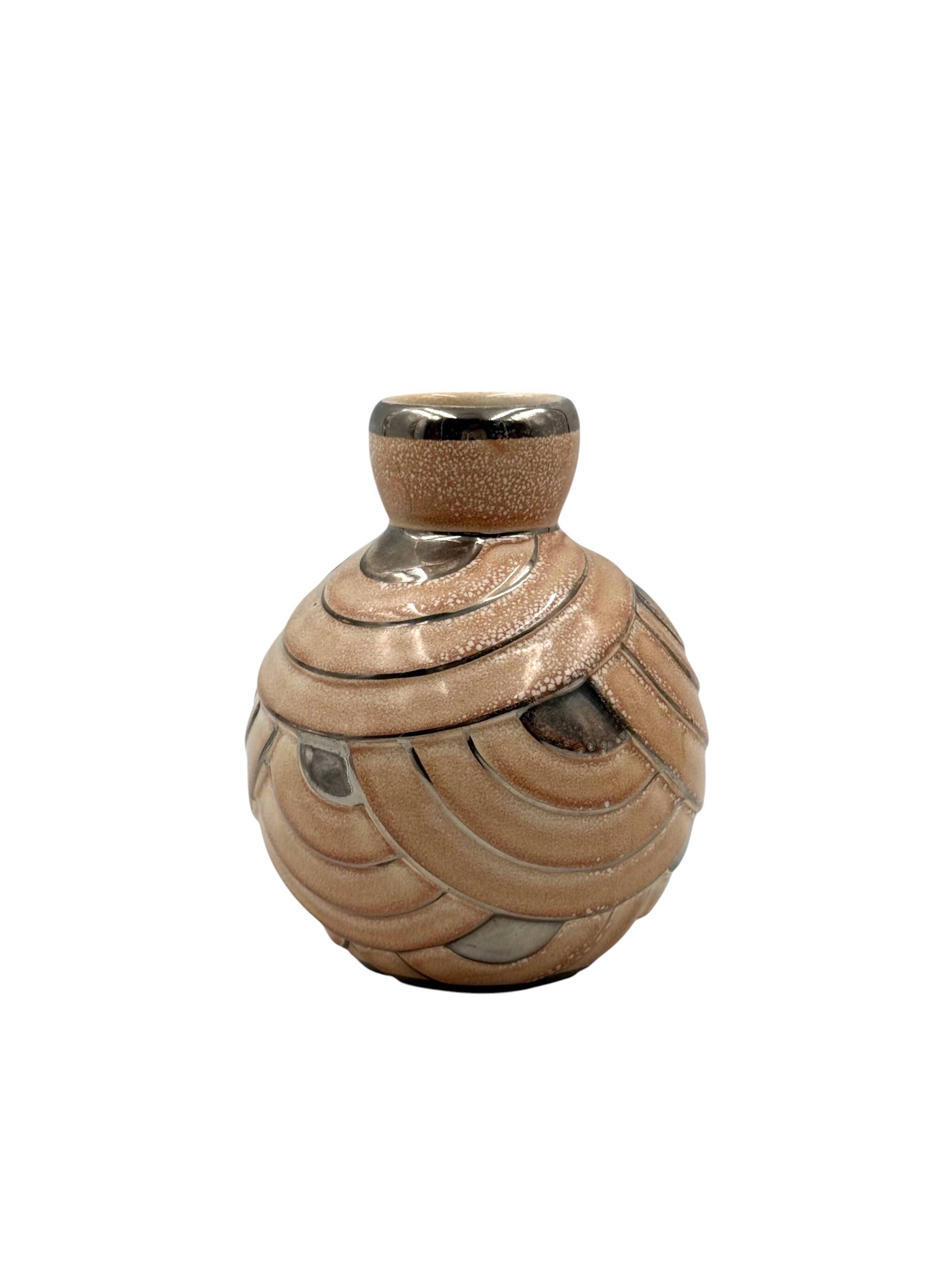 Art Deco pink & silver ceramic vase, Italy 1930s