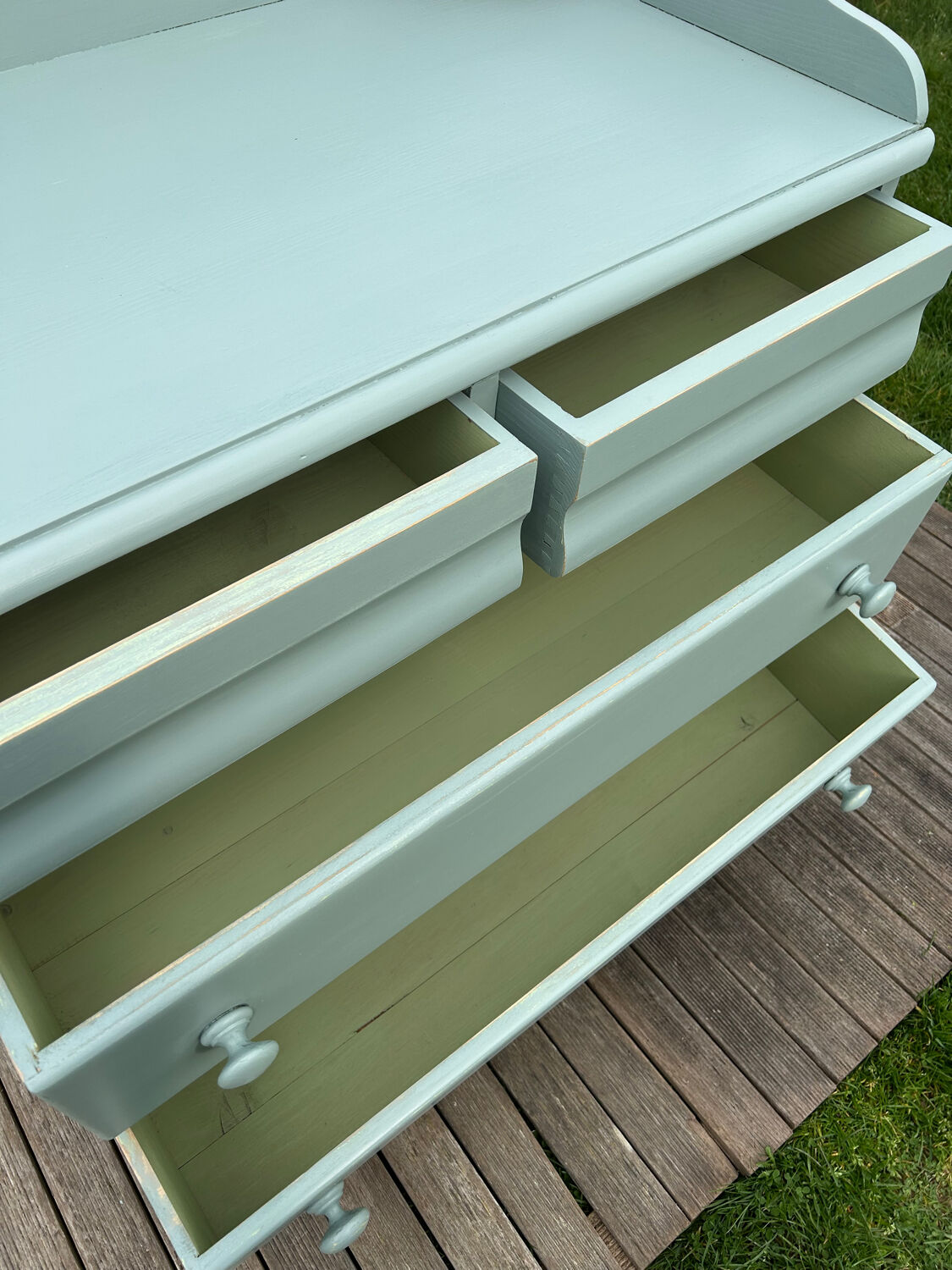 Vintage 4-drawer chest in sage green pine.