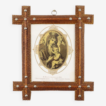 Cadre d'art tramp antique cadre bois clous métal fin 19ème siècle france