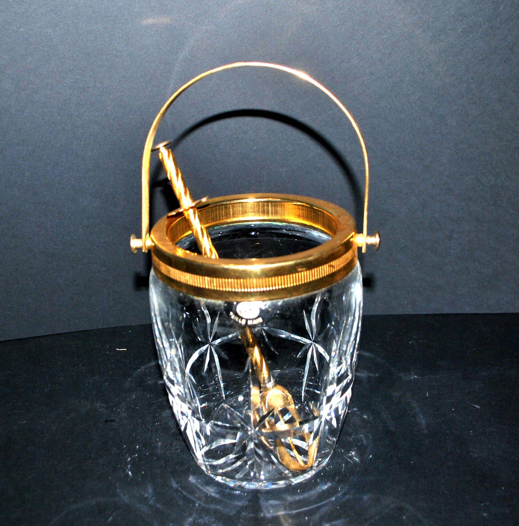 Vintage gold cut crystal ice bucket - ice cube pot + tongs CRISTAL AG