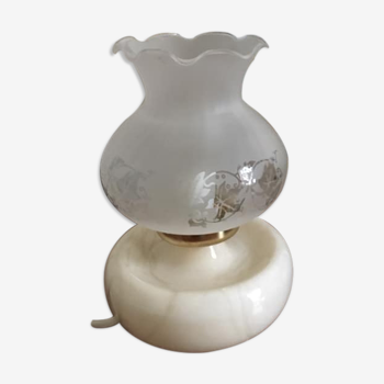 Bedside lamp with creamy white marble base and tulip glass shade